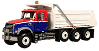 Show product details for First Gear  -  Mack Granite Dump Truck (1/34 scale diecast model car, Red/White/Blue) 10-3994