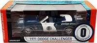 Show product details for Greenlight - Dodge Challenger Convertible California Ontario Motor Speedway Pace Car (1971, 1/18 scale diecast model car, Blue) 12871