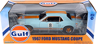 Show product details for Greenlight - Ford Mustang Coupe Gulf Oil #8 Hard Top (1967, 1/18 scale diecast model car, Light Blue w/ Orange Stripes) 12989