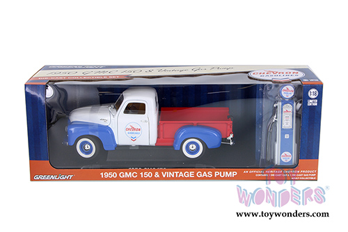 Greenlight - GMC 150 Pickup Truck Chevron with Vintage Chevron Gas Pump (1950, 1/18 scale diecast model car, White, Red w/Blue) 12992