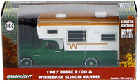 Show product details for Greenlight - Dodge D-100 Green with Winnebago Slide in Camper (1967, 1/64 scale diecast model car, Green w/White) 29866