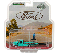 Show product details for Greenlight - Ford F-350 Ramp Truck with Truck Driver Figure (1970, 1/64 scale diecast model car, Turquoise) 29892