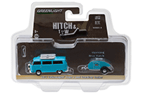 Show product details for Greenlight - Hitch & Tow Series 8 | Volkswagen Type 2 Bus Blue and Teardrop Trailer (1972, 1/64 scale diecast model car, Turquoise) 32080C