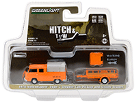 Show product details for Greenlight - Hitch & Tow Series 11 | Volkswagen® Type 2 Double Cab Pickup with Canopy and Utility Trailer (1978, 1/64 scale diecast model car, Orange) 32110A/48