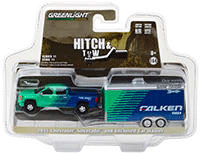 Show product details for Greenlight - Hitch & Tow Series 11 | Chevrolet® Silverado™ Pickup Truck Falken Tires and Enclosed Car Hauler (2015, 1/64 scale diecast model car, Green/Blue) 32110B/48