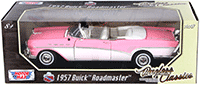 Show product details for Motormax Timeless Classics - Buick Roadmaster Convertible (1957, 1/18 scale diecast model car, Pink) 73152TC/PK