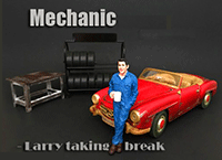 Show product details for American Diorama Figurine - Mechanic Larry Taking Break (1/18 scale, Blue) 77445