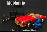 Show product details for American Diorama Figurine - Mechanic Tony Inflating Tire (1/18 scale, Blue) 77446