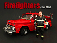 Show product details for American Diorama Figurine - Firefighter | Fire Chief (1/18 scale, Black/Yellow) 77459
