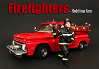 Show product details for American Diorama Figurine - Firefighter | Holding Axe (1/18 scale, Black/Yellow) 77461