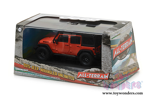 Greenlight - All Terrain Jeep Wrangler Unlimited Willy’s Wheeler Edition with Off-Road Bumpers and Roll Cage (2015, 1/43 scale diecast model car, Sunset Orange Metallic) 86088