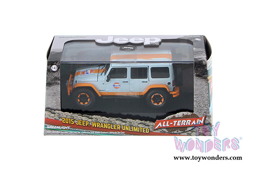 Greenlight - All Terrain Jeep Wrangler Unlimited Gulf Oil with Off-Road Bumpers (2015, 1/43 scale diecast model car, Blue w/Orange) 86089