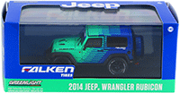 Show product details for Greenlight - Jeep Wrangler Rubicon Falken Tires (2014, 1/43 scale diecast model car, Green w/Blue) 86090