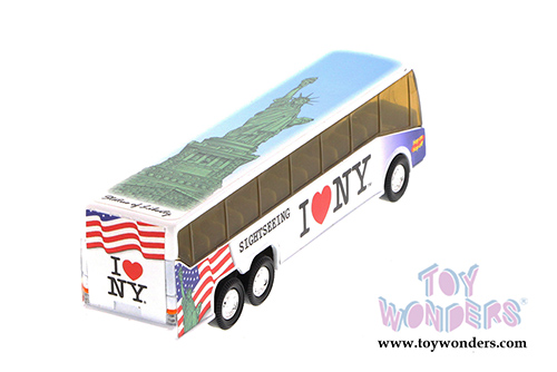 Showcasts Collectibles - I Love New York Coach Bus w/ Statue of Liberty, Empire State Building & Freedom Tower (6" diecast model car, Asstd.) 9803D-ILNY