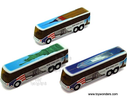NYC Coach Bus w/ Statue of Liberty, Empire State Building & Freedom Tower (6" diecast model car, Asstd.) 9803DNY