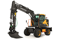 Show product details for AT Collections - Volvo EWR150E Excavator with Steelwrist Tiltrotator and Mitas Twin Tires (1/32 scale diecast model car, Yellow/Black) AT3200101