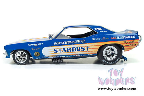 Auto World Legends - Don Schumacher's 1972 Plymouth Cuda Stardust (Bobby Rowe) Funny Car (1972, 1/18 scale diecast model car, Blue w/ Yellow Stripes) AW1179