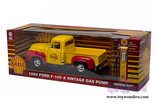 Greenlight - Ford F-100 Pickup Truck Shell Oil with Vintage Gas Pump (1953, 1/18 scale diecast model car,Yellow w/Red) 12983