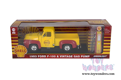 Greenlight - Ford F-100 Pickup Truck Shell Oil with Vintage Gas Pump (1953, 1/18 scale diecast model car,Yellow w/Red) 12983