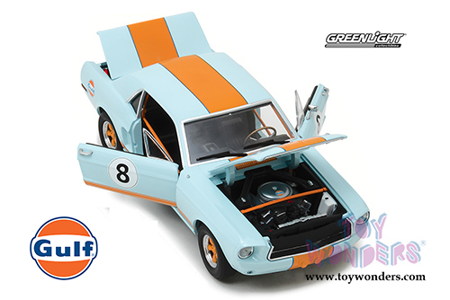Greenlight - Ford Mustang Coupe Gulf Oil #8 Hard Top (1967, 1/18 scale diecast model car, Light Blue w/ Orange Stripes) 12989