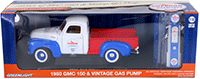 Show product details for Greenlight - GMC 150 Pickup Truck Chevron with Vintage Chevron Gas Pump (1950, 1/18 scale diecast model car, White, Red w/Blue) 12992