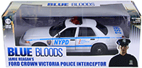 Show product details for Greenlight - Jamie Reagan's Ford Crown Victoria Police Interceptor NYPD from "Blue Bloods" 2010 TV Series (2001, 1/18 scale diecast model car, White/Blue) 13513