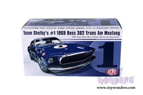 Acme - Team Shelby's #1 Boss 302 Trans Am Mustang 1969 Lime Rock Race Winner Driven by Sam Posey (1969, 1/18 scale diecast model car, Blue) 1801819