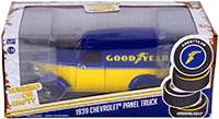Show product details for Greenlight - Running on Empty | Goodyear® Tires Chevrolet® Panel Truck (1939, 1/24 scale diecast model car, Yellow/Blue) 18243