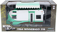 Show product details for Greenlight - Hitch & Tow Trailers Series 3 | Winnebago 216 Travel Trailer (1964, 1/24 scale diecast model car, White/Green) 18430B/12