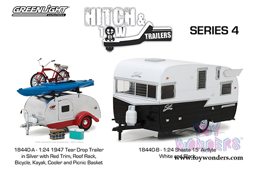 Greenlight - Hitch & Tow Trailers Series 4 | Drop Trailer with Accessories (1947, 1/24 scale diecast model car, Silver/red) 18440A/12
