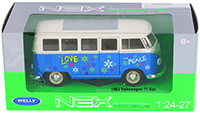 Show product details for Welly - Volkswagen Classical T1 Bus with Love/Peace Decals (1963, 1/24 scale diecast model car, Blue) 22095A1WBU