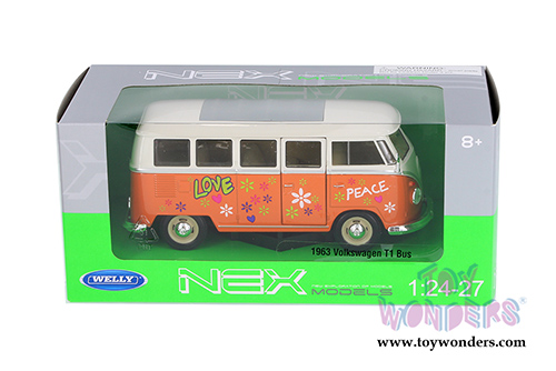 Welly - Volkswagen Classical T1 Bus with Love/Peace Decals (1963, 1/24 scale diecast model car, Orange) 22095A1WOR