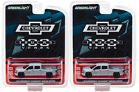 Show product details for Greenlight - Anniversary Collection Series 6 | Chevrolet® Silverado™ Redline Edition 100th Anniversary of Chevy® Trucks (2018, 1/64 scale diecast model car, Silver) 27940F/48