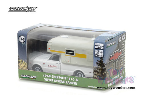 Greenlight - Chevrolet® C10 & Silver Streak Camper (1968, 1/64 scale diecast model car, White) 29865