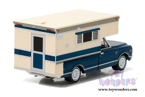 Greenlight - Chevrolet C10 Cheyenne with Large Camper (1968, 1/64 scale diecast model car, Blue/Cream) 29878/48