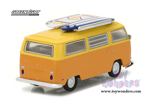 Greenlight - Volkswagen Type 2 T2 Van with Surf Boards (1971, 1/64 scale diecast model car, Orange w/Yellow) 29893/48