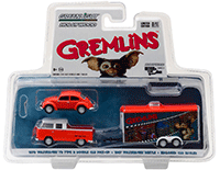 Show product details for Greenlight - Hollywood Hitch & Tow Series 3 | Gremlins Volkswagen® T2 Type 2 Double Cab with 1967 Volkswagen Beetle in Enclosed Car Hauler (1970, 1/64 scale diecast model car, Orange w/White) 31030A/24