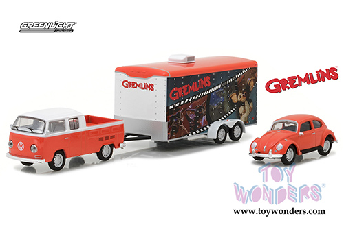 Greenlight - Hollywood Hitch & Tow Series 3 | Gremlins Volkswagen® T2 Type 2 Double Cab with 1967 Volkswagen Beetle in Enclosed Car Hauler (1970, 1/64 scale diecast model car, Orange w/White) 31030A/24
