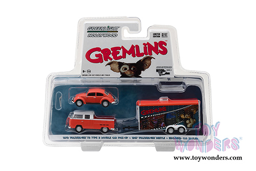 Greenlight - Hollywood Hitch & Tow Series 3 | Gremlins Volkswagen® T2 Type 2 Double Cab with 1967 Volkswagen Beetle in Enclosed Car Hauler (1970, 1/64 scale diecast model car, Orange w/White) 31030A/24