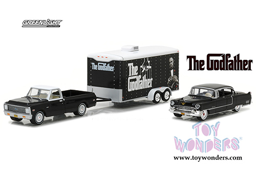 Greenlight - Hollywood Hitch & Tow Series 3 | The Godfather Chevrolet C-10 with 1955 Cadillac Fleetwood Series 60 Special in Enclosed Car Trailer (1972, 1/64 scale diecast model car, Black) 31030B/24