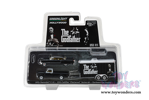 Greenlight - Hollywood Hitch & Tow Series 3 | The Godfather Chevrolet C-10 with 1955 Cadillac Fleetwood Series 60 Special in Enclosed Car Trailer (1972, 1/64 scale diecast model car, Black) 31030B/24