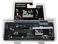 Show product details for Greenlight - Hollywood Hitch & Tow Series 3 | The Godfather Chevrolet C-10 with 1955 Cadillac Fleetwood Series 60 Special in Enclosed Car Trailer (1972, 1/64 scale diecast model car, Black) 31030B/24