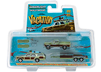 Show product details for Greenlight - Hollywood Hitch & Tow Series 4 | 1972 Ford F-100 with 1979 Family Truckster Wagon Queen on Flatbed Trailer "National Lampoon's Vacation" Movie (1/64 scale diecast model car, Green) 31040A/24