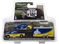 Show product details for Greenlight - Racing Hitch & Tow Series 1 | 2017 Ram 2500 and 2017 Dodge Charger SRT Hellcat Michelin Tires with Enclosed Car Hauler (1/64 scale diecast model car, Yellow/Blue) 31050B/24