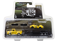 Show product details for Greenlight - Racing Hitch & Tow Series 1 | 1954 Ford F-100 and Coventry Motors 289 Cobra Walnut Creek on Flatbed Trailer (1/64 scale diecast model car, Yellow/Black) 31050A/24