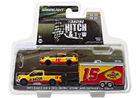 Show product details for Greenlight - Racing Hitch & Tow Series 1 | 2015 Ford F-150 and 2012 Shelby GT500 Pennzoil with Enclosed Car Hauler (1/64 scale diecast model car, Yellow/Red) 31050C/24