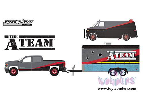Greenlight - Hollywood Hitch & Tow Series 5 | The A-Team (1983-1987) TV Series 2015 Chevrolet Silverado with 1983 GMC Vandura and Enclosed Car Hauler (1/64 scale diecast model car, Black w/Gray) 31060B/24