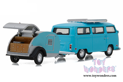 Greenlight - Hitch & Tow Series 8 | Volkswagen Type 2 Bus Blue and Teardrop Trailer (1972, 1/64 scale diecast model car, Turquoise) 32080C