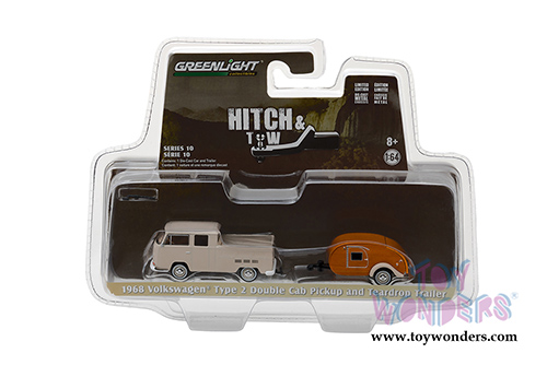 Greenlight - Hitch & Tow Series 10 | Volkswagen Type 2 Double Cab Pickup and Teardrop Trailer (1968, 1/64 scale diecast model car, Cream/Orange) 32100A/48
