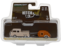Show product details for Greenlight - Hitch & Tow Series 10 | Volkswagen Type 2 Double Cab Pickup and Teardrop Trailer (1968, 1/64 scale diecast model car, Cream/Orange) 32100A/48